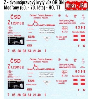 Popis na vagón Z "ČSD" Čokoládovny ORION Modřany - červený (H0)